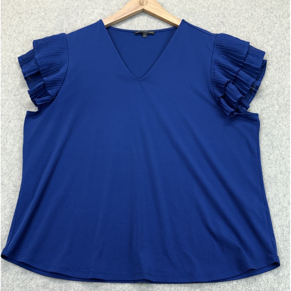 Adrianna Papell Womens Blouse Top Blue V-Neck Pleated Ruffle Flutter Sleeve XL